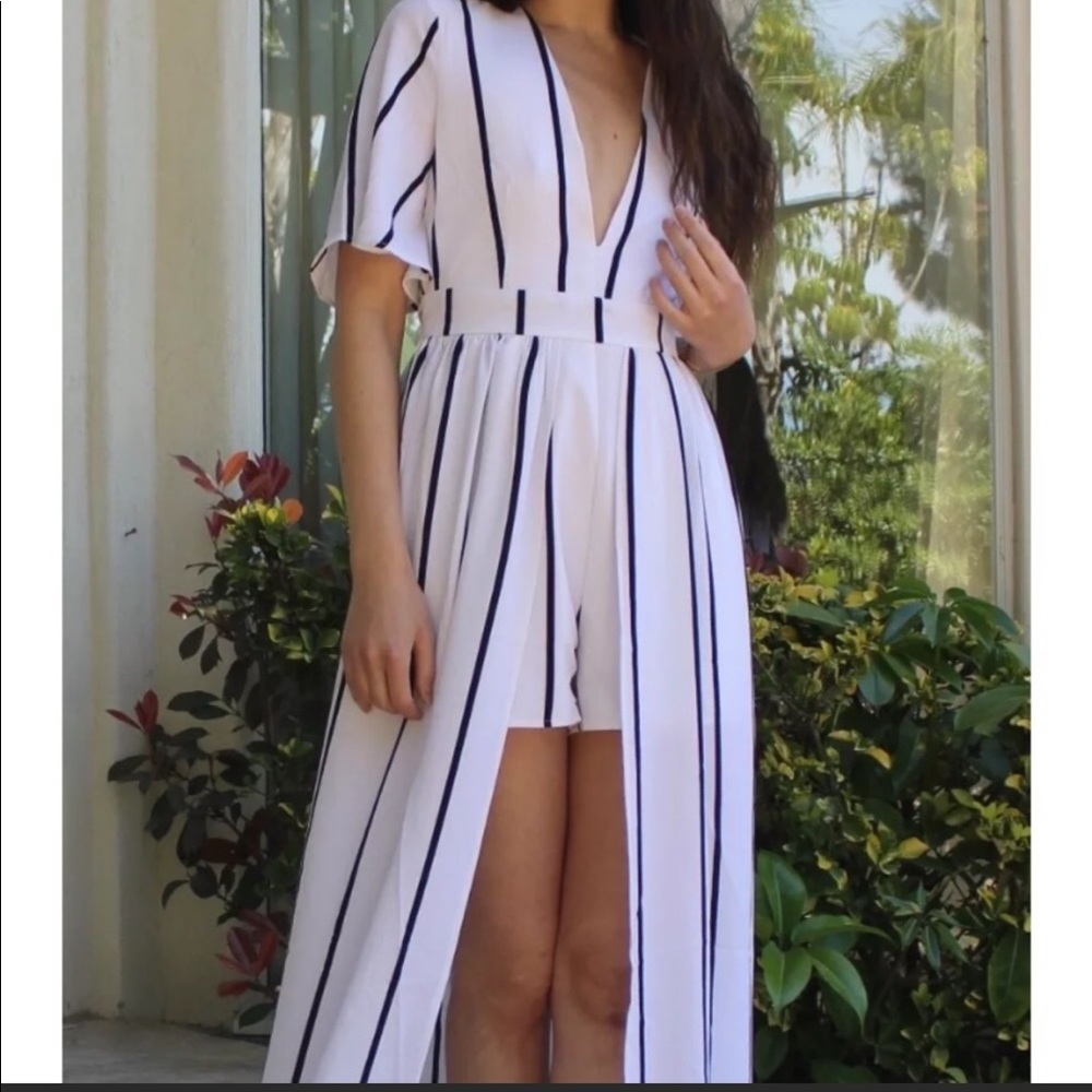 Black & White Striped Maxi Romper Dress